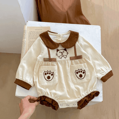 秋冬新作 ユニセックス 連体服 コーデュロイ フリル 猫 オシャレ春秋 ロンパース カバーオール 66-90