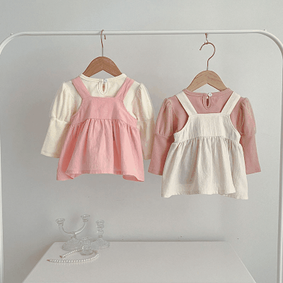 秋冬 ガールズ 連体服 オシャレ春秋 サロペットスカート パフスリーブ Tシャツ+吊りスカート 66-100