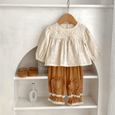 オシャレ春秋 ガールズ 秋冬新作 ブラウス フリル 花柄刺繍 ロングズボン シャツ+パンツ 66-100