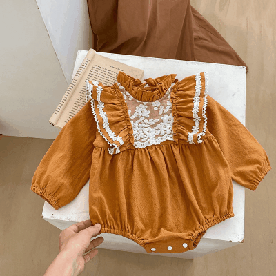 秋冬新作 ガールズ 連体服 フリル 花柄刺繍レース オシャレ ロンパース カバーオール 66-90