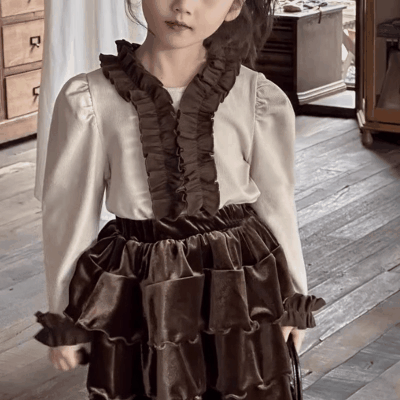 オシャレ 秋冬新作 ガールズ フリル ブラウス ベルベット シャツ+ティアードスカート 5-13