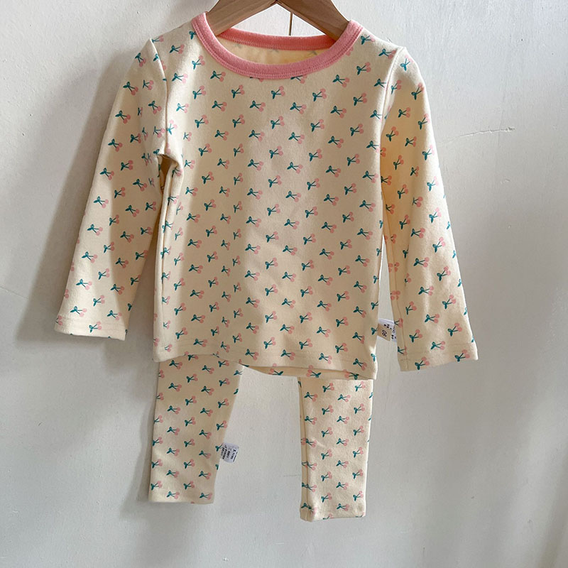 秋冬新作 ユニセックス ルームウェア 保温インナー ボディスーツ サクランボ Tシャツ+ズボン 80-150