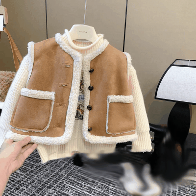ユニセックス 子供服 秋冬新作 厚手 裏ボア裏起毛 スエード チョッキ ベスト 袖なしジャケット 上着 5-13