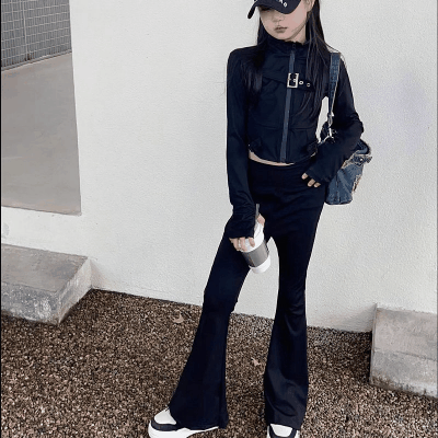 秋冬新作 オシャレ春秋 ガールズ ショート ブルゾン タイツ ジャケット+ズボン ベルボトム 7-15