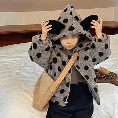 ガールズ 子供服 秋冬新作 ボア 裏起毛 厚手 キルティング ドット柄 フード付ジャケット 綿入れ上着 5-13