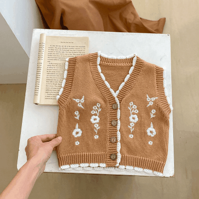 キッズ 秋冬新作 子供服 0-3歳女の子 花柄刺繍 ニット セーター 袖なし上着 ベスト チョッキ 66-100