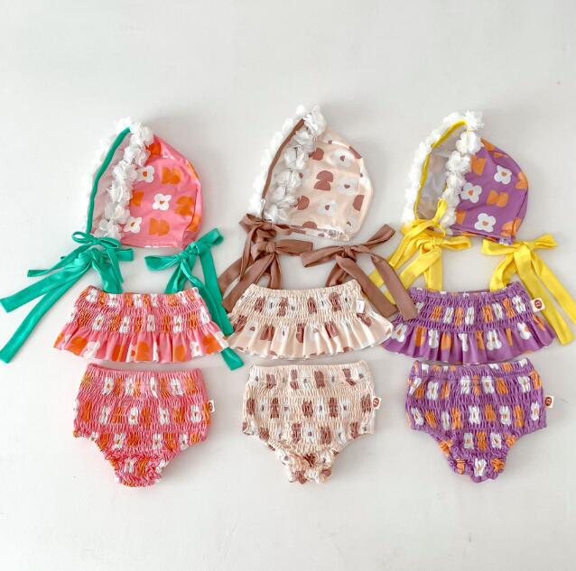 子供服★水着★トップス+パンツ+帽子★韓国風子供服★ベビー★3色★66-100CM