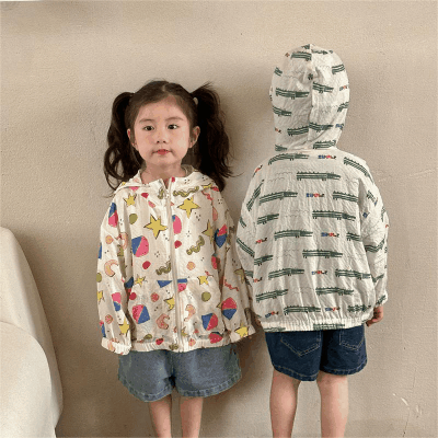 2024春夏 韓国風子供服 姉妹兄弟コーデ 日焼け止め 日よけ フード付上着 薄いジャケット トップス 80-150cm
