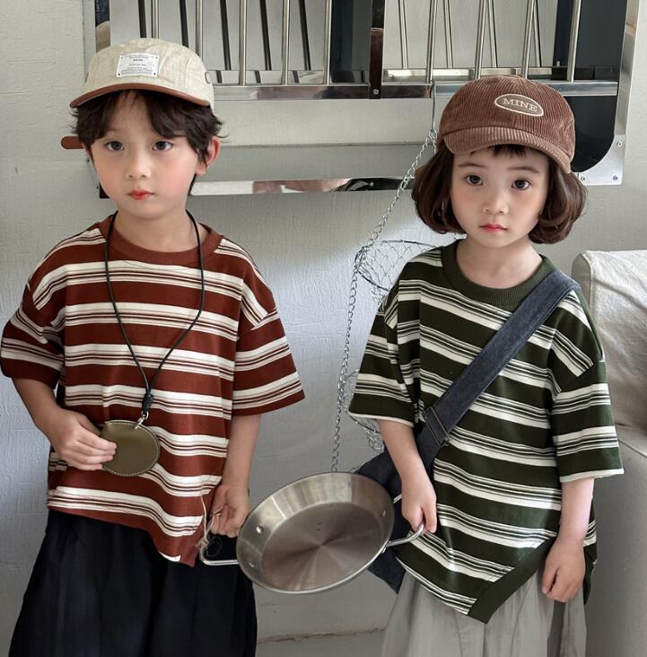 「2024」子供服★トップス★半袖★Tシャツ★韓国風子供服★ストライプ★2色★80-140CM
