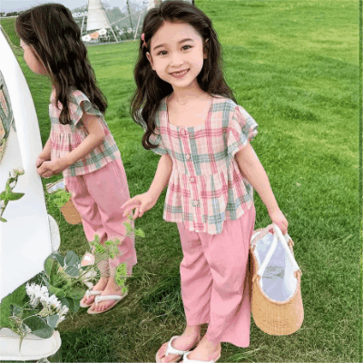 春夏 韓国風子供服 ガールズ 3-8歳 フリル ガウチョパンツ チェック柄 ブラウス上着 シャツ+ズボン 5-13