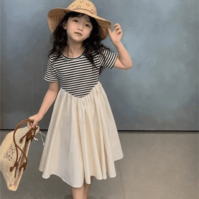 春夏 韓国風子供服 キッズ ガール シフトドレス ボーダー柄 ドッキング ワンピース ワンピ 7-17