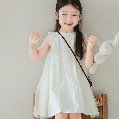 春夏 韓国風子供服 キッズ ガール シフトドレス ノースリープ 小花柄レース ワンピース ワンピ 7-17