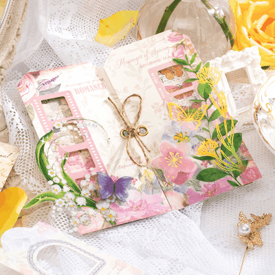 カフェ風 ペーパーカード 素材紙 アンティーク 造景 枠 フレーム 花フラワー 葉 バタフライ蝶 10枚入