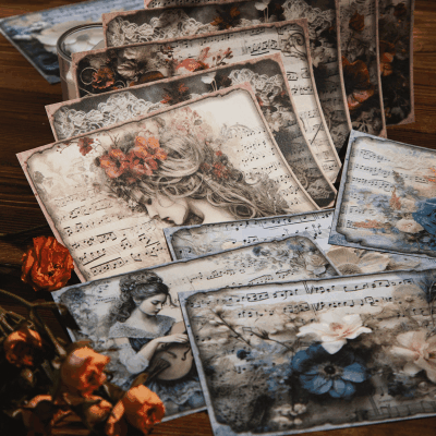 カフェ風 ペーパーカード 素材紙 アンティーク バロック ガール少女 花フラワー 楽譜 30枚入