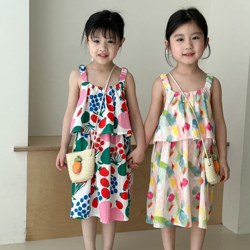 2025夏新品★子供服　ワンピース+草編みバッグ★80cm〜150cm 2色