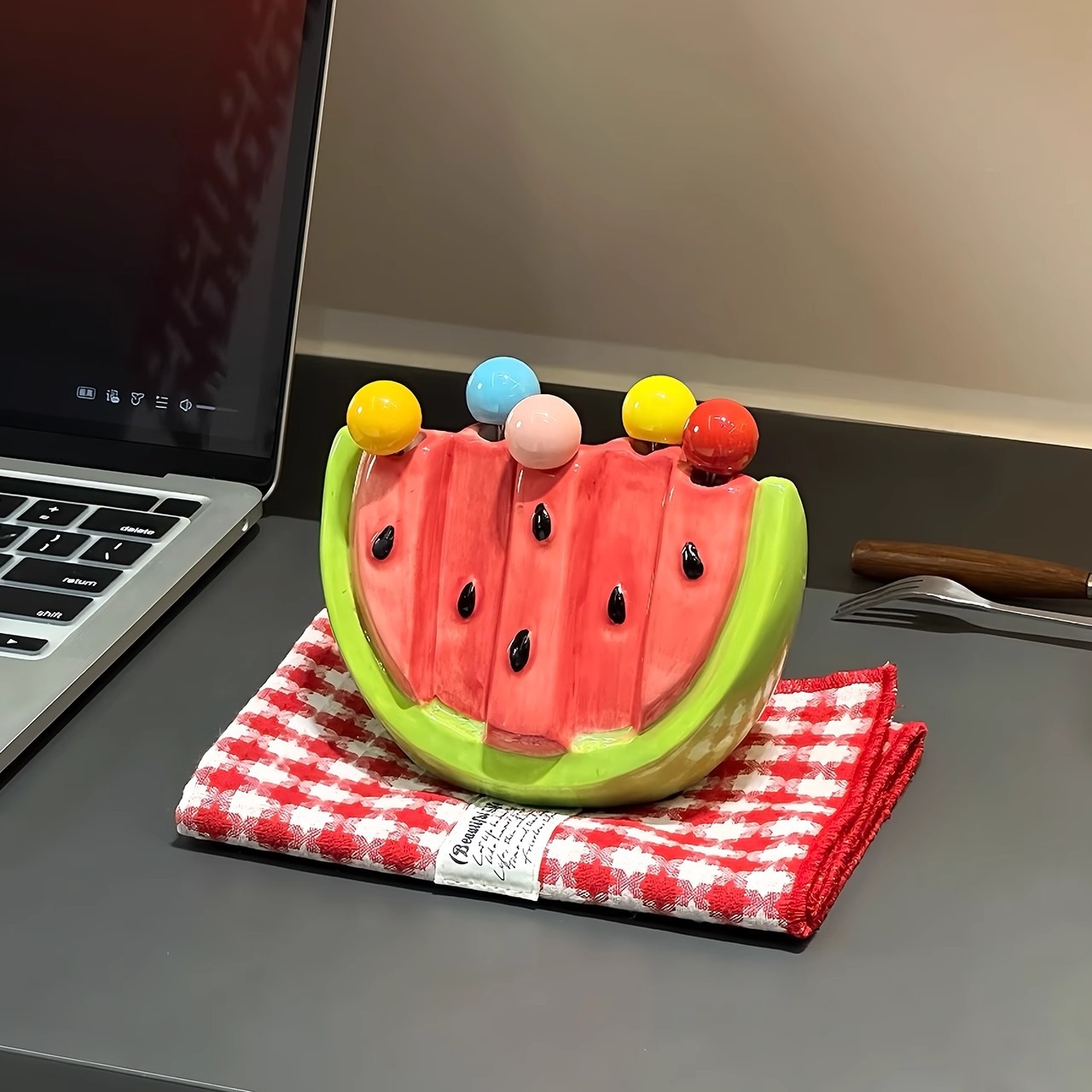 ★超人気★陶器スイカフルーツフォーク★家庭用収納缶セット★