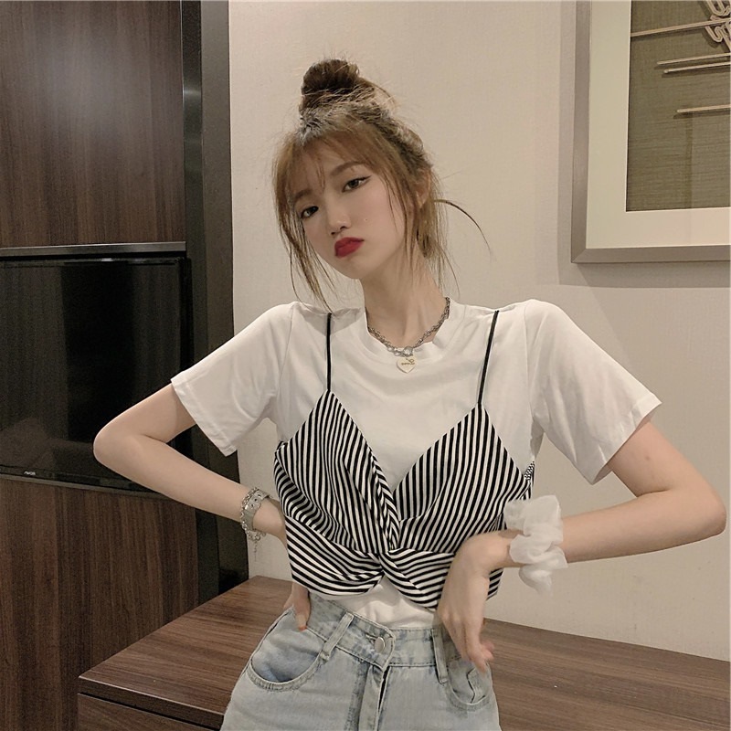 韓国ファッション★レディース向け★♪偽の二つの★♪半袖★♪Tシャツ★♪トップス★♪