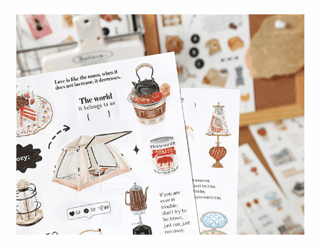 文具 シール貼紙 手帳素材 春新作 封口貼 ピクニック キャンプ遠足 グルメ食べ物 野営 中古雑貨 2枚入