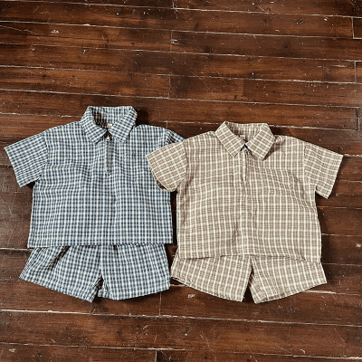 お勧め 春夏新作 韓国風子供服男女シャツ+パンツ 半袖上着 チェック柄ショートパンツ プルオーバー80-150