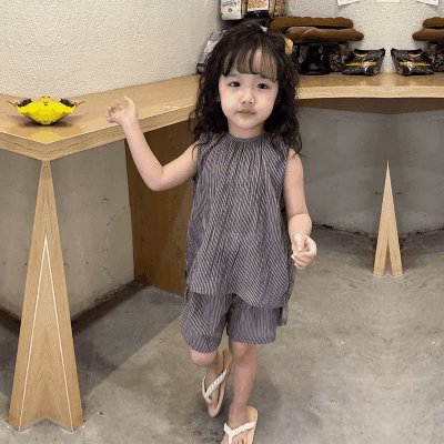 お勧め 春夏新作 韓国風子供服女の子 シャツ+パンツ 袖なし上着 ブラウス 半ズボン ストライプ柄 80-150