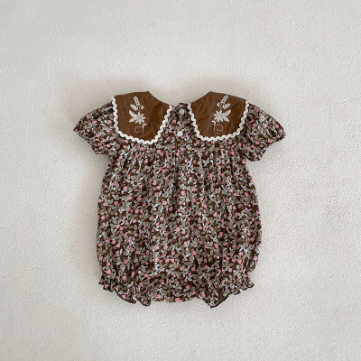 夏 ベビー ガールズ 連体服 花柄刺繍襟 ボタニカル フリル ハーフリープ ロンパース カバーオール 66-90