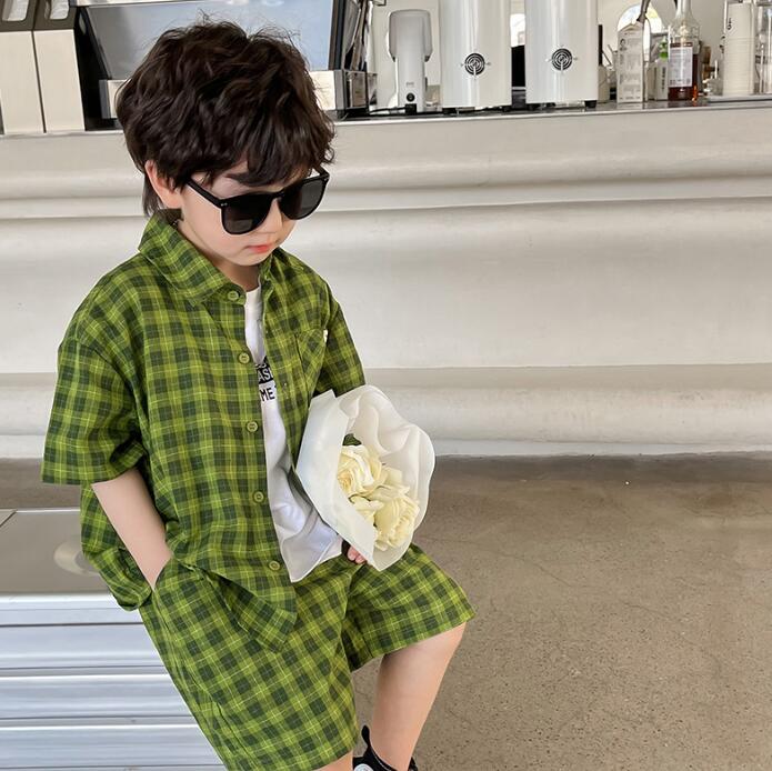 子供服★ワイシャツ+パンツ★セットアップ★韓国風子供服★キッズ男の子★チェック柄★90-140CM