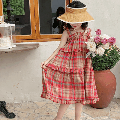 お勧め 春夏 韓国風子供服 チェック柄 キャミソール ノースリープドレス ワンピース フリル ワンピ 5-13