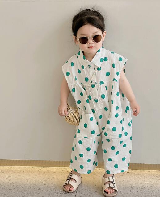 子供服★連体服★韓国風子供服★キッズ女の子★水玉★ノースリーブ★2色★80-130CM