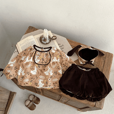 オシャレ春秋 ガールズ 秋冬新作 ブラウス フリル 花柄 兎 ニッカボッカ 帽子+シャツ+ズボン 66-100
