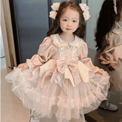 オシャレ 秋冬新作 ガールズ ロリータ リボン レース シフトドレス ワンピース ワンピ 110-140