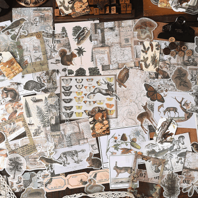 秋新作 ペーパー ステッカー アンティーク 植物花葉 キノコ アニマル ボタン  PET+紙 シール 160枚入