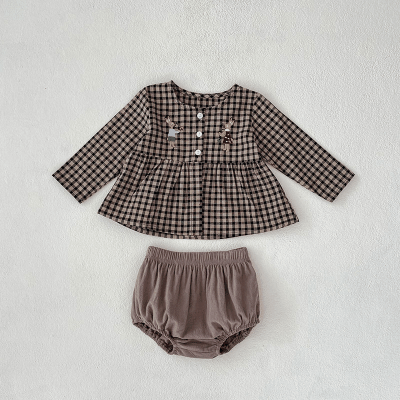 ガールズ 秋冬新作 ブラウス レトロ チェック柄 ウサギ ショートパンツ シャツ+ズボン 66-100
