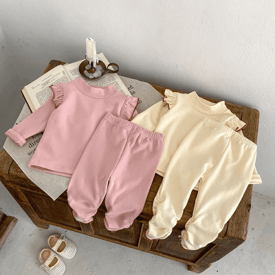 秋冬新作 ガールズ ルームウェア 保温インナー ボディスーツ フリル Tシャツ+ズボン 66-100