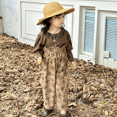 秋冬新作 オシャレ ガールズ 子供服 プルオーバー フリル 花柄 ハイウエスト Tシャツ ズボン 5-13