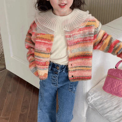 秋冬新作 オシャレ春秋 ガールズ 虹ボーダー柄 ニット セーター 長袖上着 ジャケット カーディガン 5-13