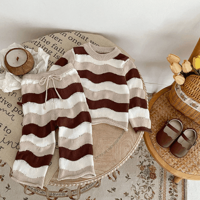 秋冬新作 ユニセックス 子供服 ニット プルオーバー セーター ボーダー柄 上着+ロングパンツ  66-100cm