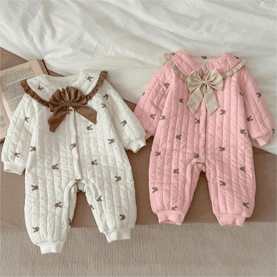 秋冬新作 ガール 連体服 兎 リボン フリル 裏ボア裏起毛 キルティング ロンパース カバーオール 66-100