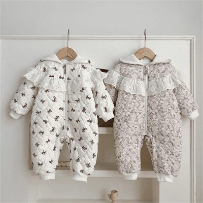 秋冬新作 ガールズ 連体服 花柄 リボン 裏ボア裏起毛 ポンポン フード付ロンパース カバーオール 66-100