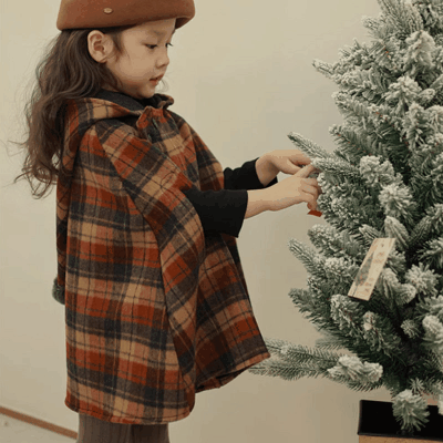 ガールズ 子供服 秋冬 チェック柄 厚手 キルティング 袖なし フード付マント ジャケット 綿入れ上着 7-15