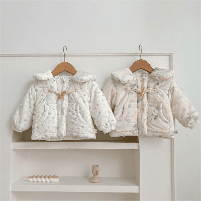秋冬新作 ガールズ ベビー服 裏ボア裏起毛 キルティング 厚手 花柄 綿入れジャケット 66-100cm
