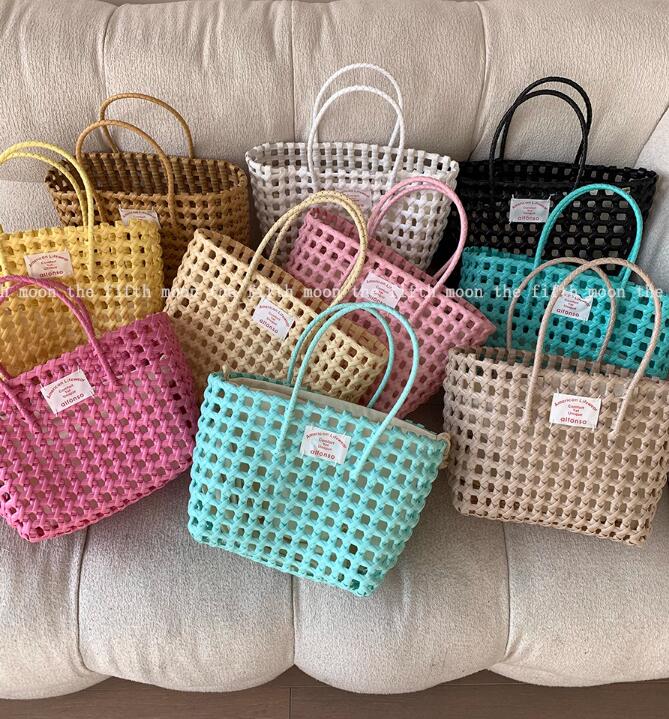 新登場★バッグ★透かしマカロンカラー編みかご　バスケット★14種