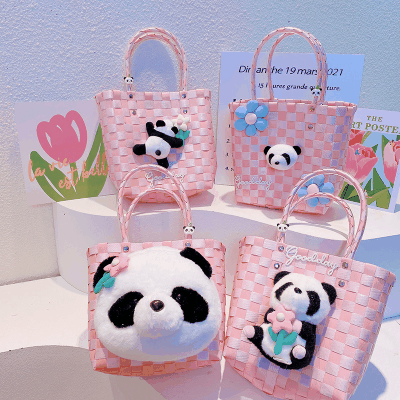 春夏 少女 ポシェット かごバッグ 編みバッグ ハンドバッグ ビーチバッグ パンダ バスケット ぬいぐるみ