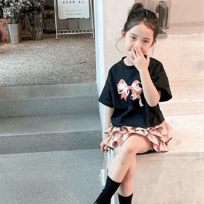 春夏 ガールズ 3-8歳 フリル ティアードスカート 袖なし半袖上着 Tシャツ +見せパン付スカート 5-13