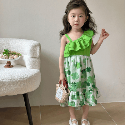 韓国風子供服 キッズ春夏 ワンピース クローバー ノースリーブ ワンピ フリル チュールスカート 90-120cm