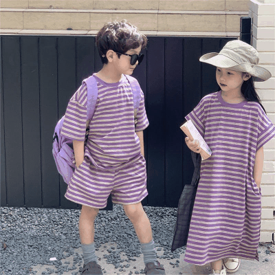 韓国風子供服 ボーダー柄 2024春夏 姉妹兄弟コーデ ワンピース&上下セット 大人ワンピ 2点セット 90-150cm