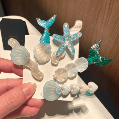 春夏 レディース ガールズ少女 ヘアクリップ ヘアピン 貝殻ヒトデ アクリルパール 人魚姫 マーメイド 5枚入