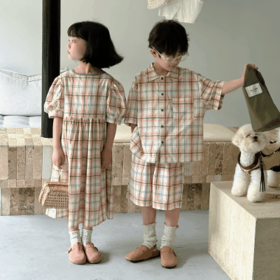韓国風子供服 チェック柄 2024春夏 姉妹兄弟コーデ ワンピース&シャツ上着 トップ 半ズボン 90-150cm