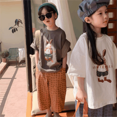 2024春夏 韓国風子供服 姉妹兄弟コーデ ユニセックス ウサギ Tシャツ上着 トップス 90-150cm 2色