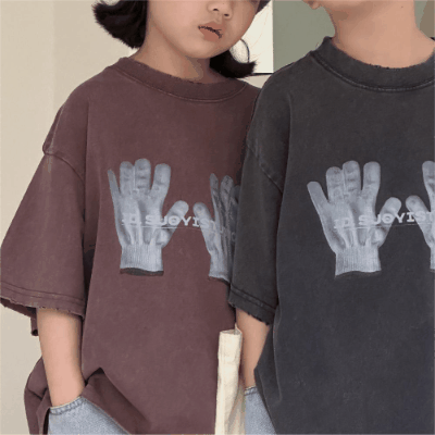 2024春夏 韓国風子供服 姉妹兄弟コーデ ユニセックス 手袋プリント上着 Tシャツ トップ 90-150cm 2色