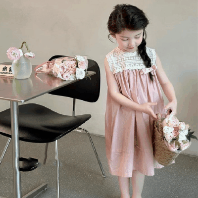 春夏 韓国風子供服 キッズ ガール シフトドレス ノースリープ 花柄 ドッキング ワンピース ワンピ 7-17